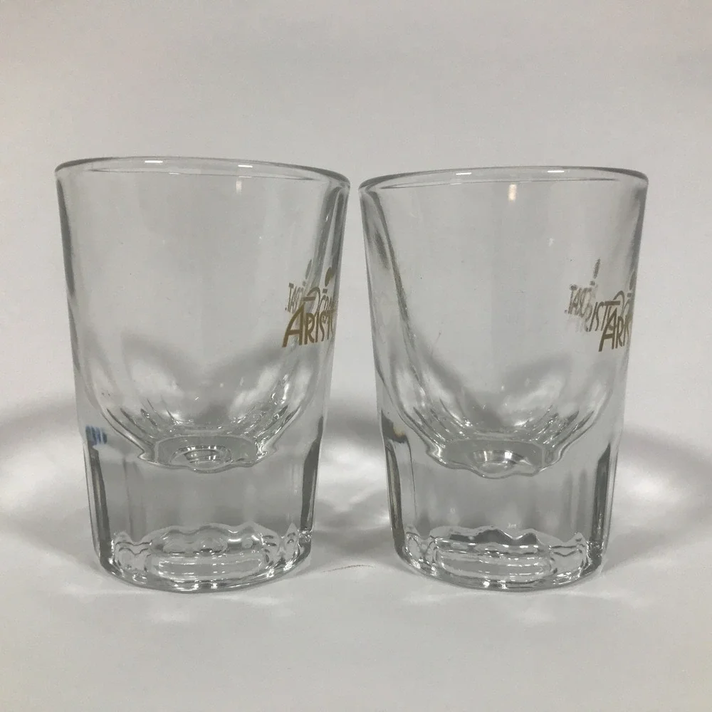 Aristocrat Vodka Shot Glasses Set of 2 Gold Logo Clear Fluted Base Barware